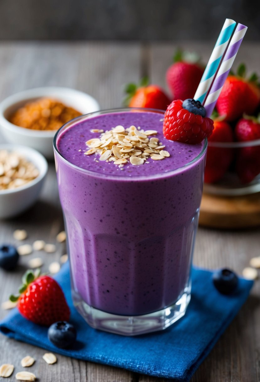 A glass filled with a vibrant purple berry oat smoothie, topped with a sprinkle of oats and a few fresh berries on the side