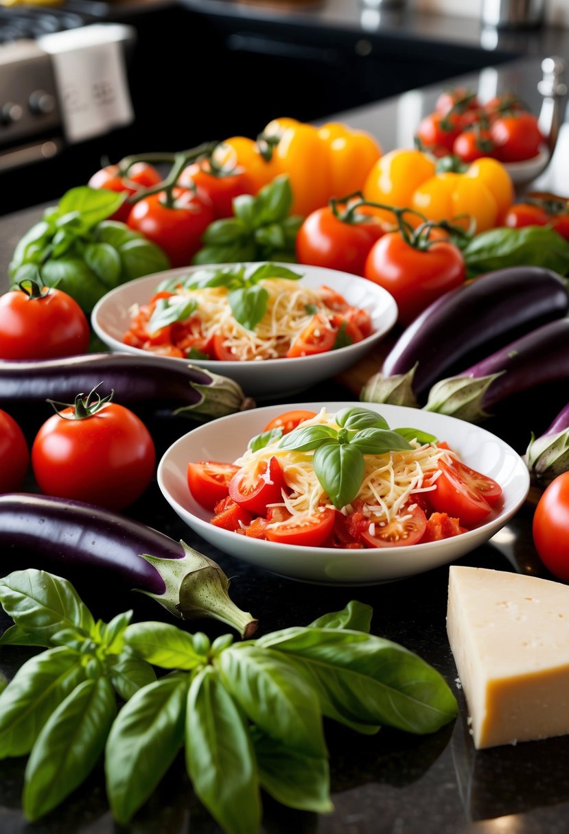 A colorful array of fresh eggplants, tomatoes, basil, and cheese arranged on a kitchen counter, ready to be transformed into a delicious eggplant Parmesan dish