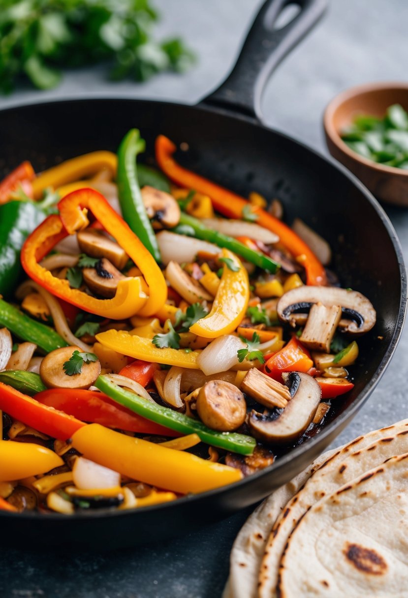 A sizzling skillet of colorful sautéed vegetables, including bell peppers, onions, and mushrooms, with a side of warm tortillas