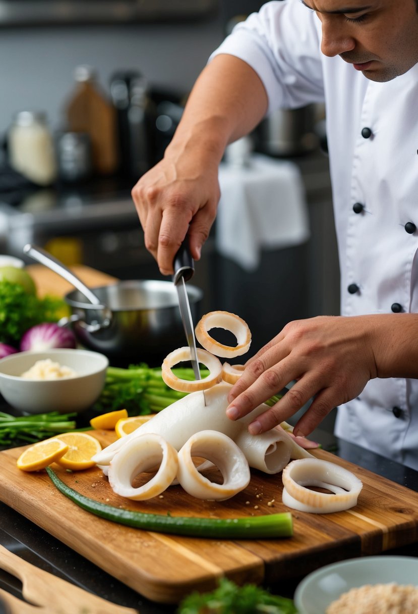 A chef slicing fresh squid into rings, surrounded by various ingredients and cooking utensils on a wooden cutting board