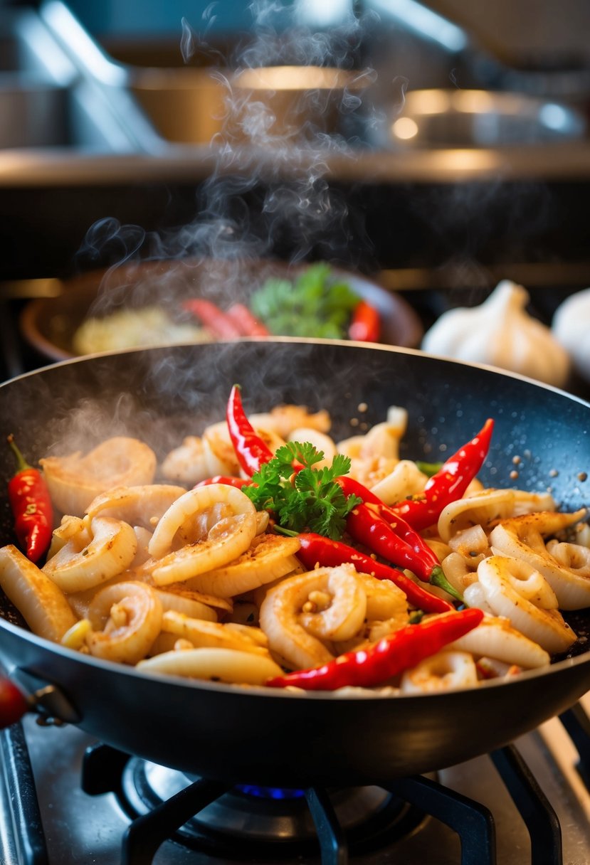 A sizzling wok filled with tender squid, vibrant red chili peppers, and fragrant garlic, emitting a spicy aroma