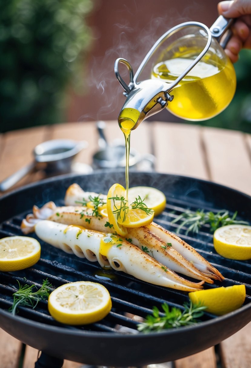 A sizzling squid sizzling on a grill, drizzled with olive oil and lemon juice, surrounded by slices of lemon and fresh herbs