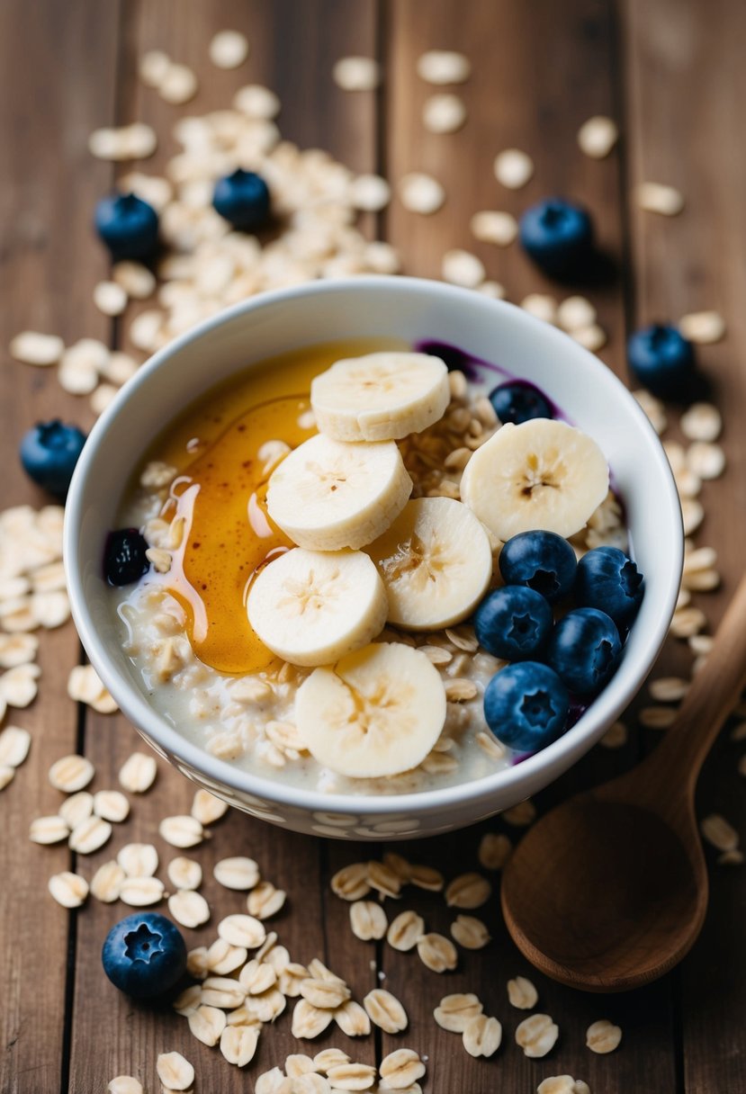 A bowl of oats topped with sliced bananas, blueberries, and a drizzle of honey, surrounded by scattered oats and a wooden spoon