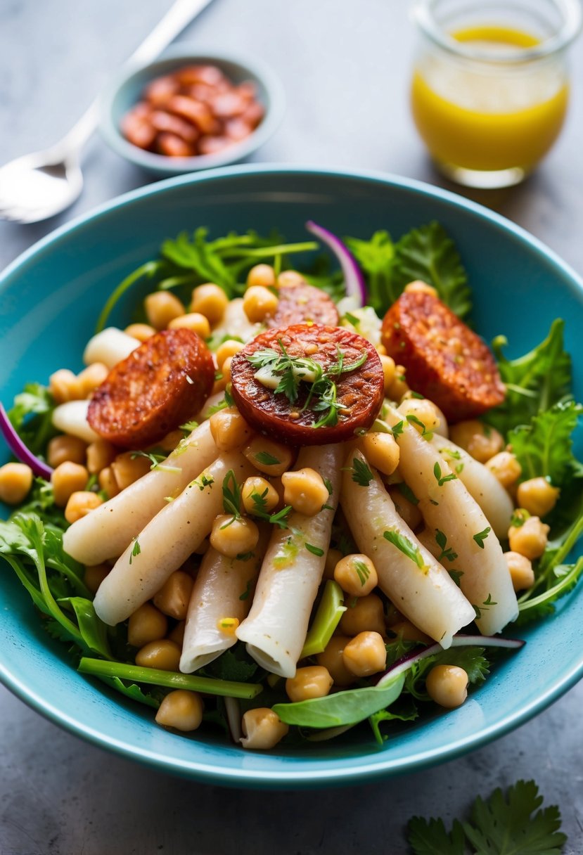 A vibrant salad bowl filled with tender squid, chickpeas, and slices of savory chorizo, topped with a zesty dressing and fresh herbs