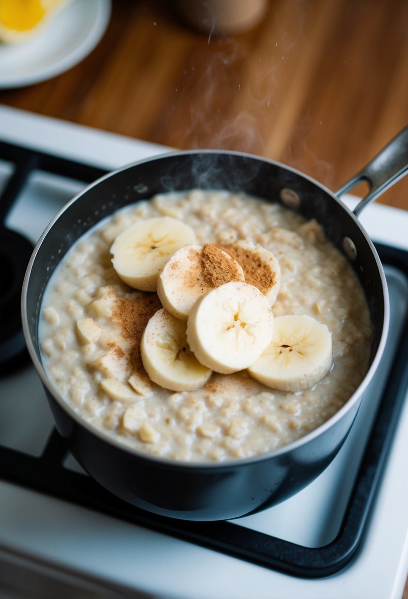 A pot of creamy oatmeal simmering on a stovetop, with slices of ripe banana and a sprinkle of cinnamon on top