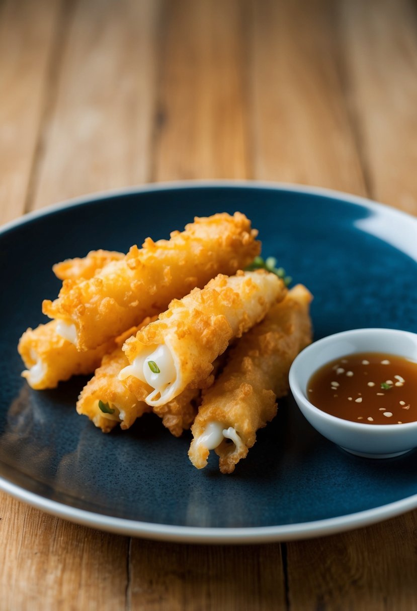 A plate of golden tempura squid with a small bowl of dipping sauce on the side