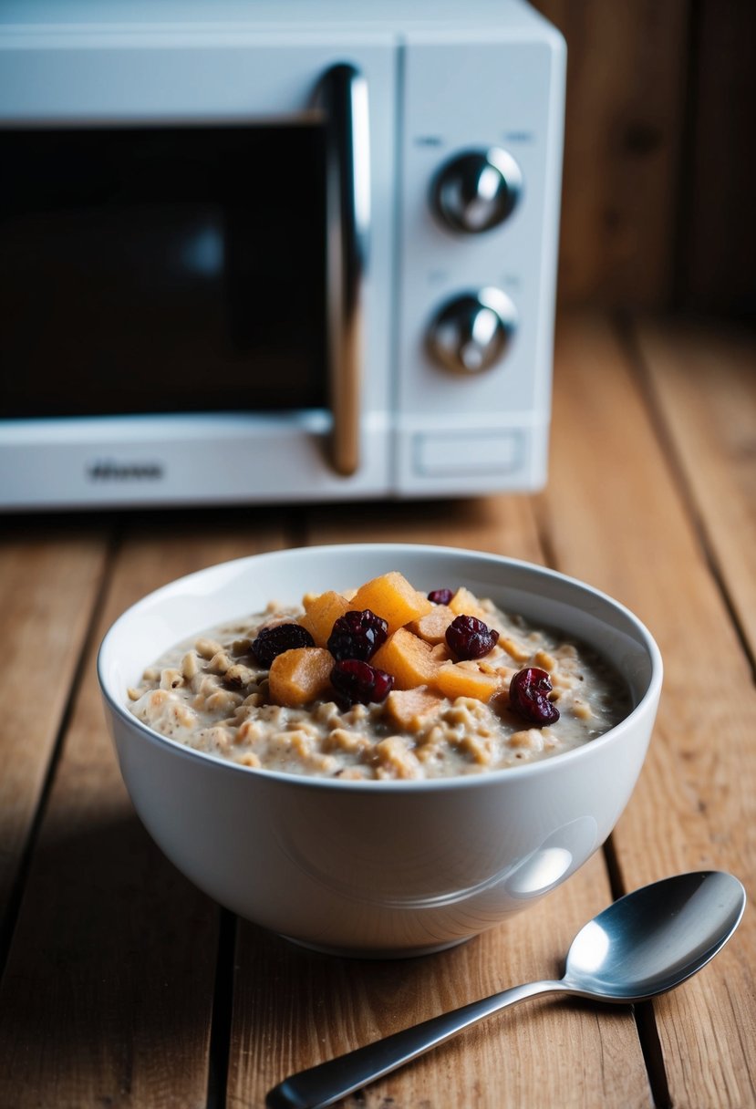 A bowl of cinnamon raisin oatmeal sits in front of a microwave, with a spoon beside it