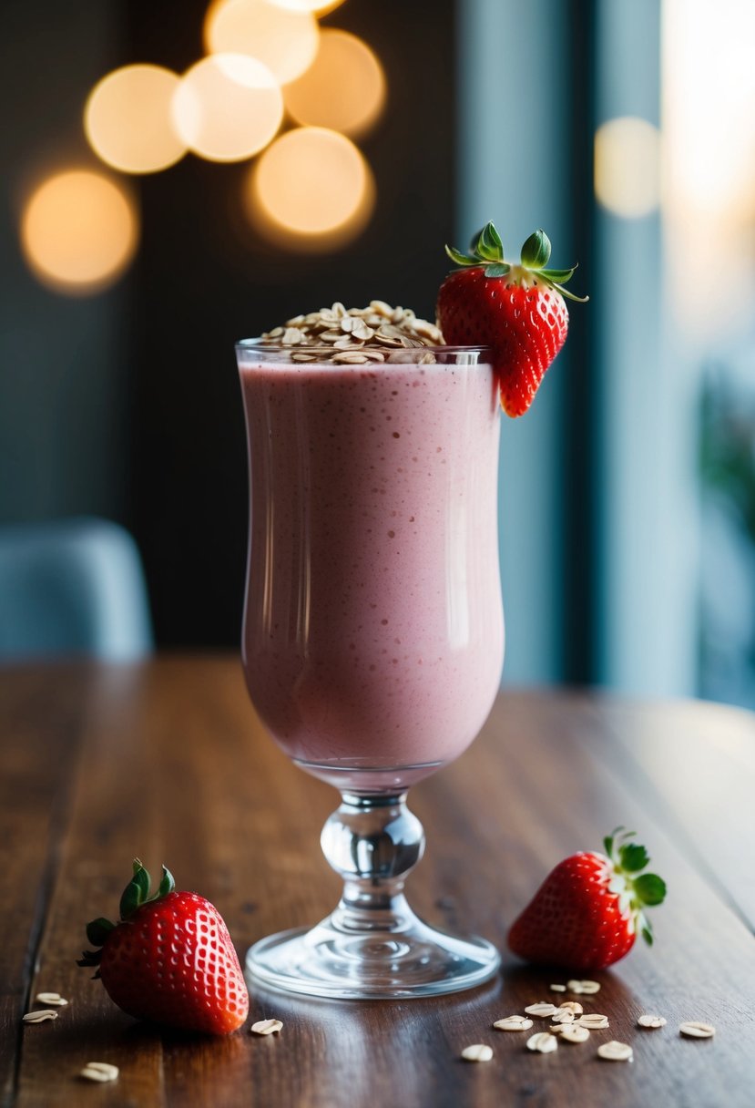 A glass of strawberry smoothie topped with oats sits on a wooden table