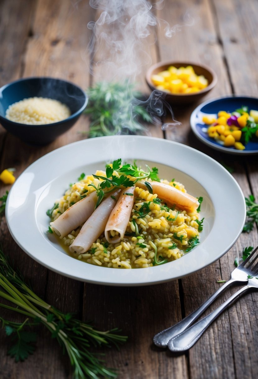 A steaming plate of squid risotto with fresh herbs, surrounded by a rustic wooden table and a scattering of colorful ingredients