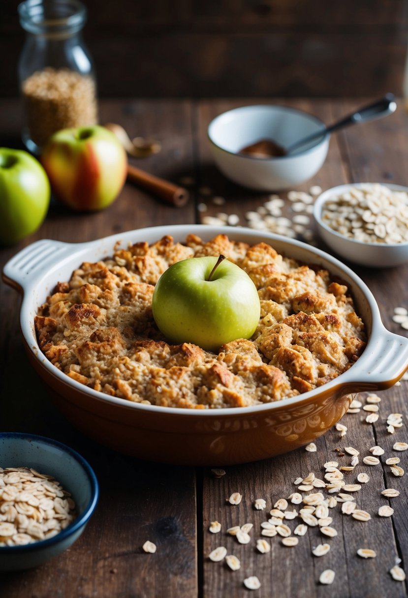 A rustic kitchen table with a freshly baked apple pie oatmeal in a ceramic dish, surrounded by scattered oats and ingredients