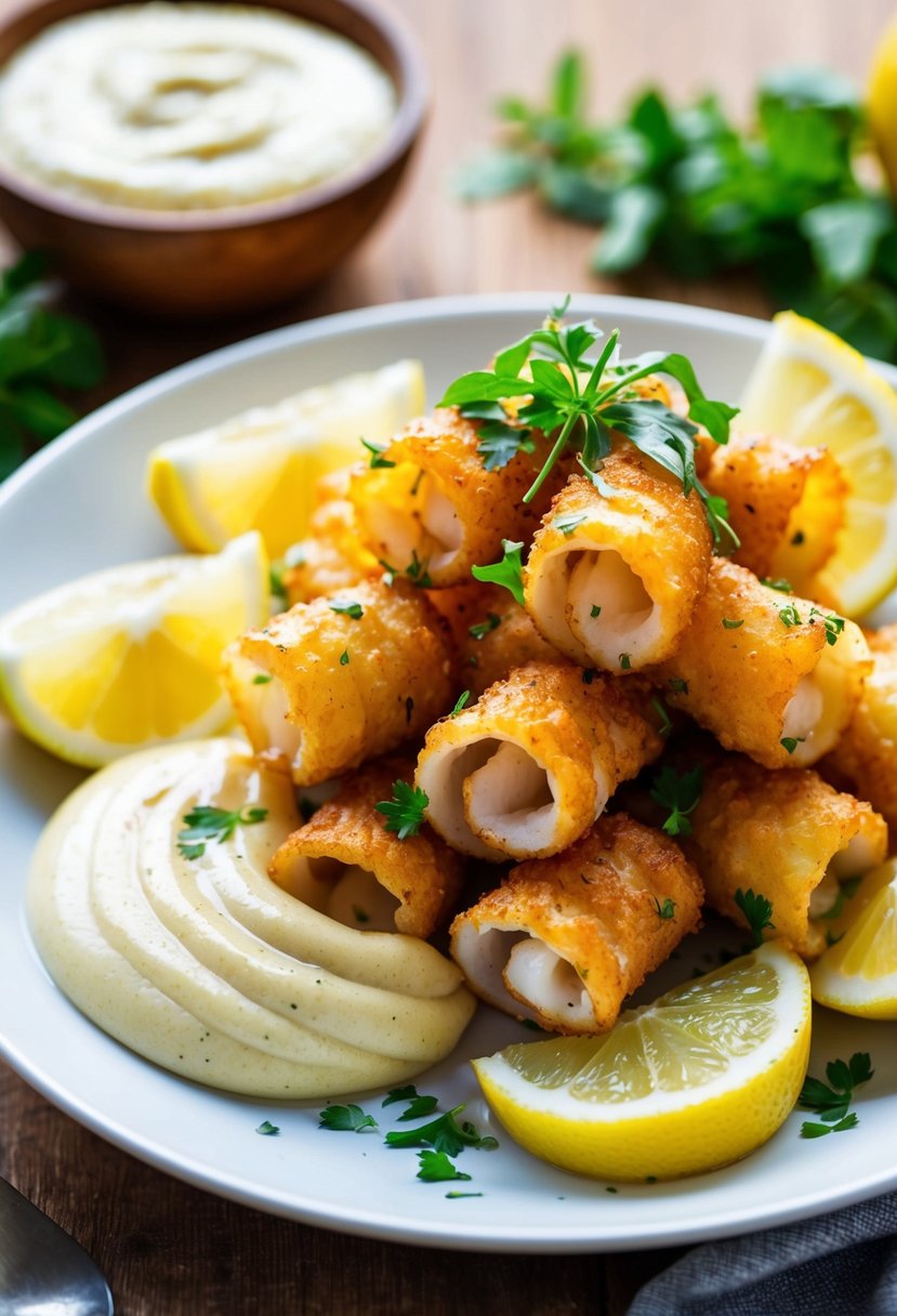 Golden calamari piled next to a dollop of creamy aioli, surrounded by lemon wedges and garnished with fresh herbs