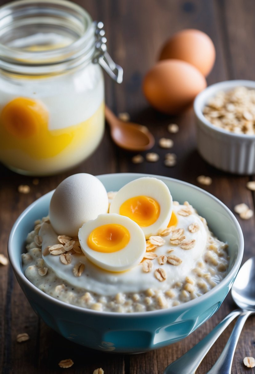 A bowl of whipped vanilla oatmeal topped with egg whites and oats