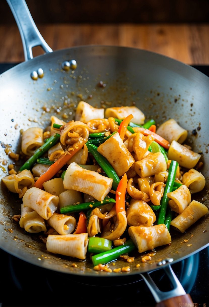 A sizzling wok filled with tender squid pieces, stir-fried with colorful vegetables and coated in a glossy oyster sauce