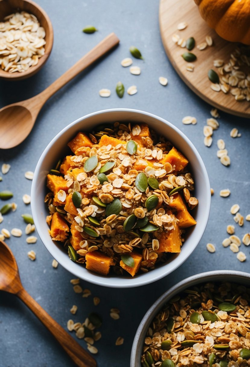 A bowl of pumpkin granola topped with oats and seeds, surrounded by scattered ingredients and a wooden spoon