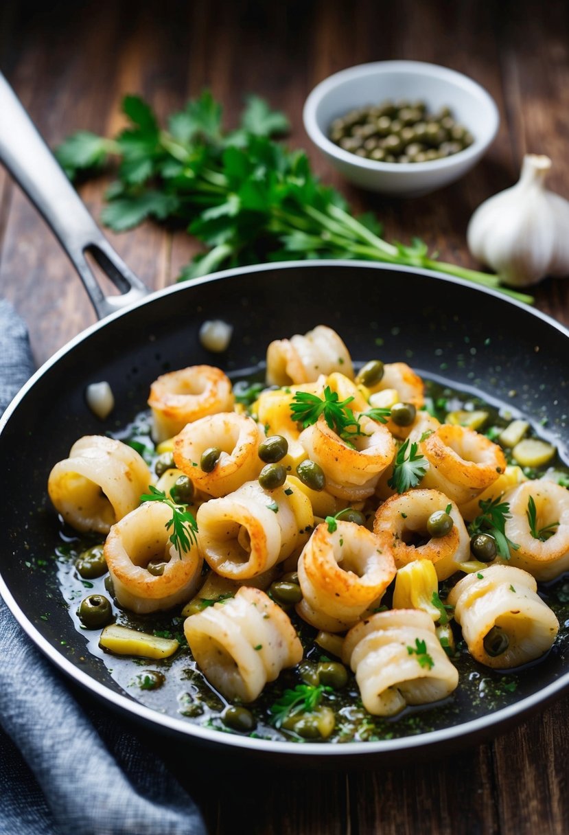 Sauteed calamari sizzling in a pan with capers, garlic, and fresh herbs