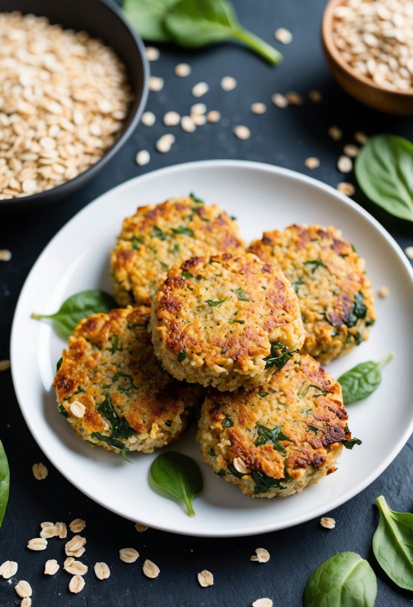 A plate of golden brown spinach quinoa oat patties surrounded by scattered oats and fresh ingredients