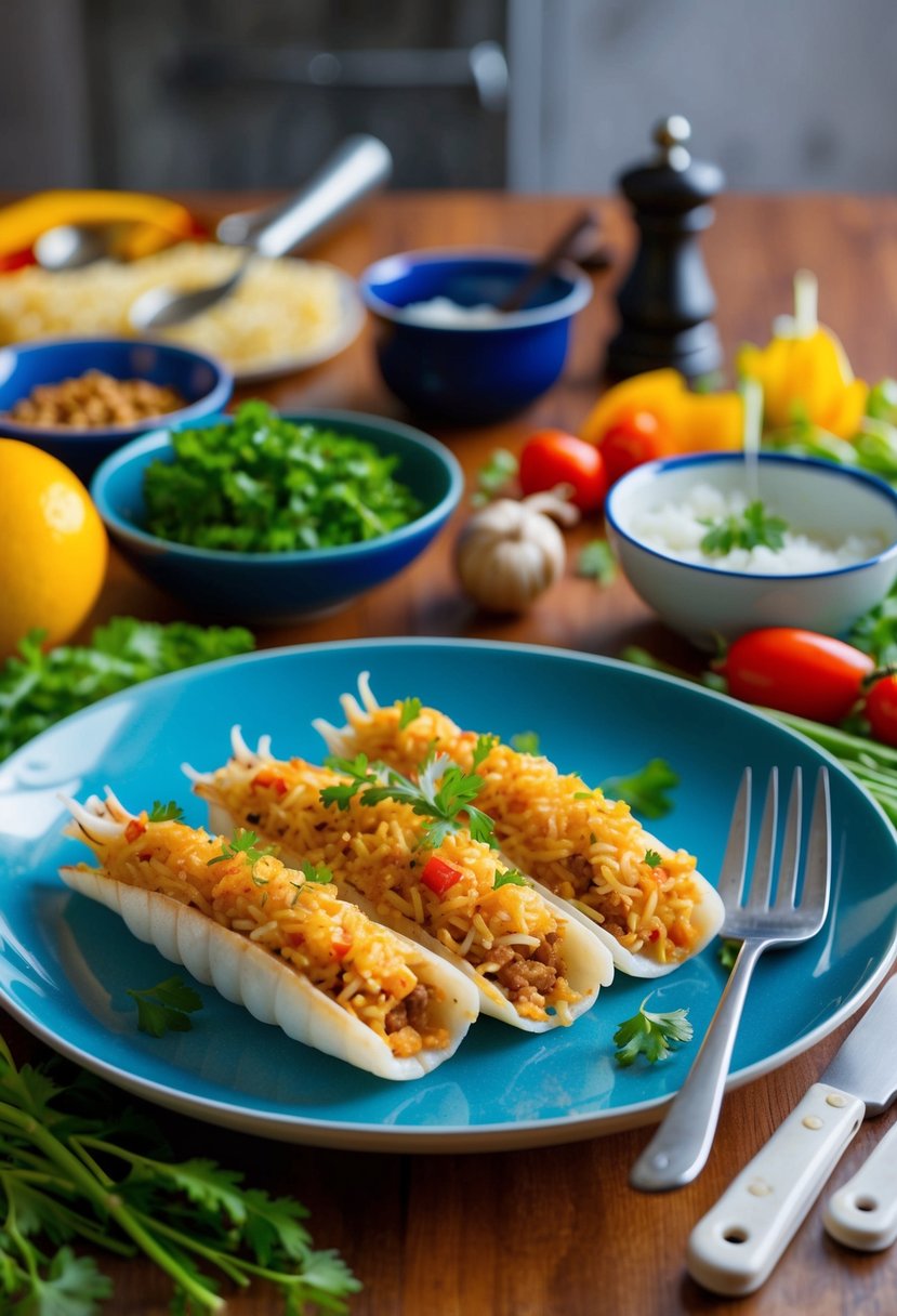 A table set with a plate of Spanish rice-stuffed squid, surrounded by colorful ingredients and cooking utensils