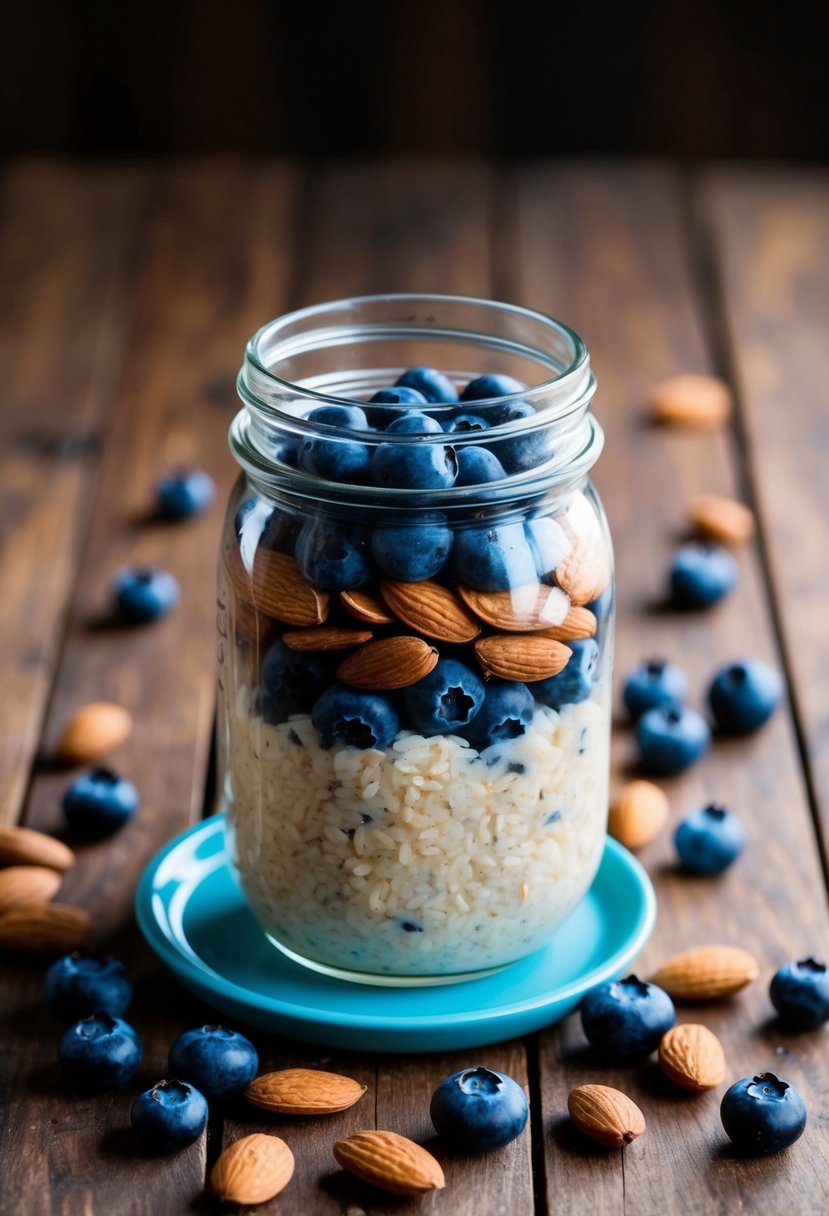 A mason jar filled with blueberry almond overnight oats, surrounded by scattered almonds and fresh blueberries on a wooden table