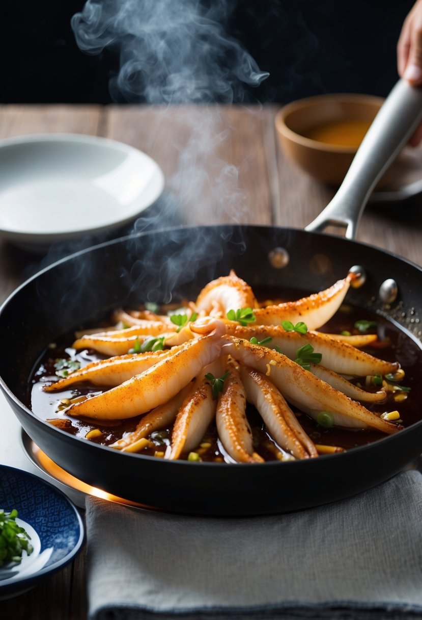 A hot skillet sizzling with tender squid bathed in rich soy sauce, emitting savory aroma