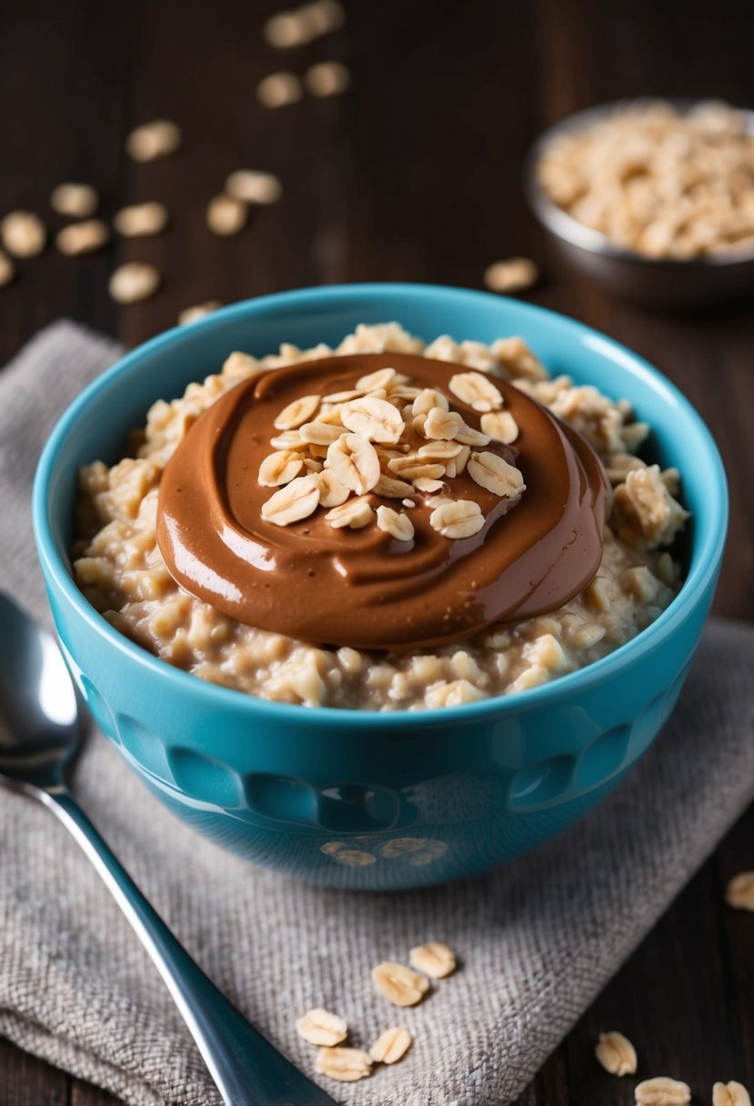 A bowl of chocolate peanut butter oatmeal topped with oats