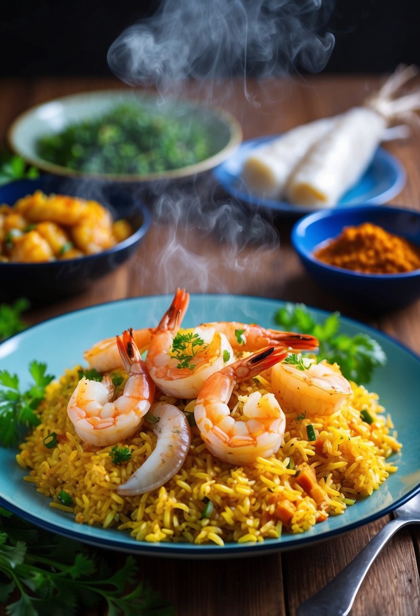 A steaming plate of arroz con gambas y calamar, with succulent shrimp and tender squid, surrounded by vibrant herbs and spices