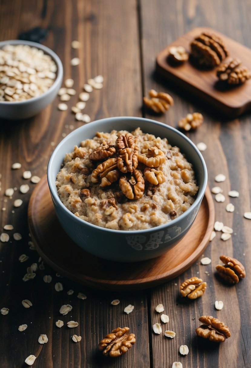 A wooden table with a bowl of baked oatmeal topped with maple walnuts, surrounded by scattered oats and a few scattered walnuts