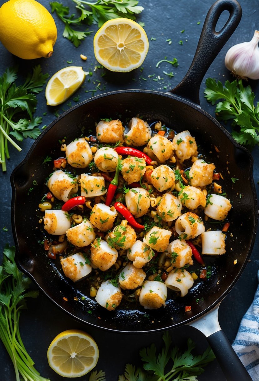 A sizzling skillet of calamari tossed in herbs and chili, surrounded by vibrant ingredients like garlic, lemon, and fresh herbs