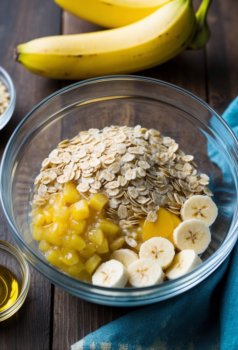 A mixing bowl filled with oats, bananas, and ingredients for banana bread oatmeal