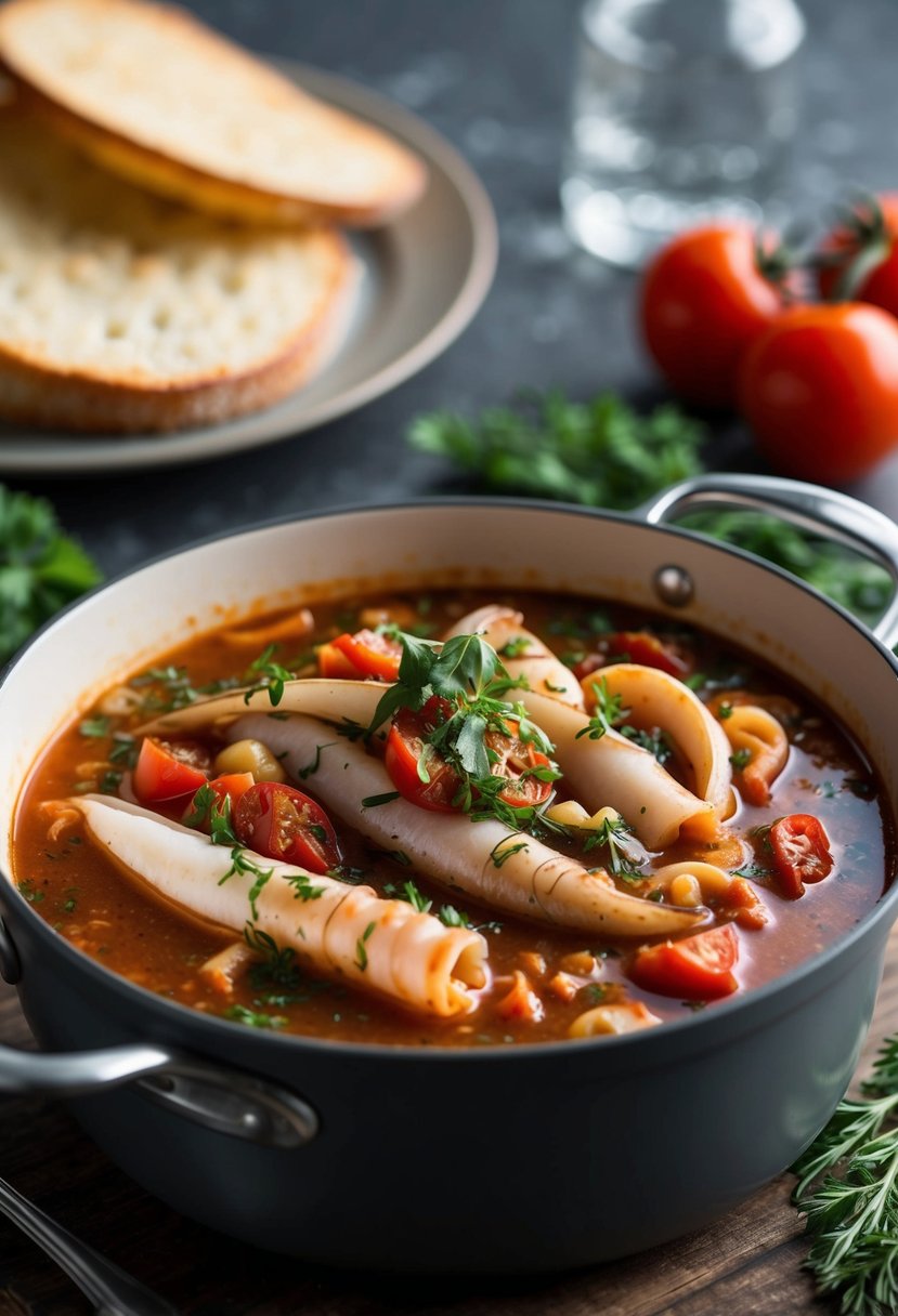 A simmering pot of squid stew with tomatoes and herbs