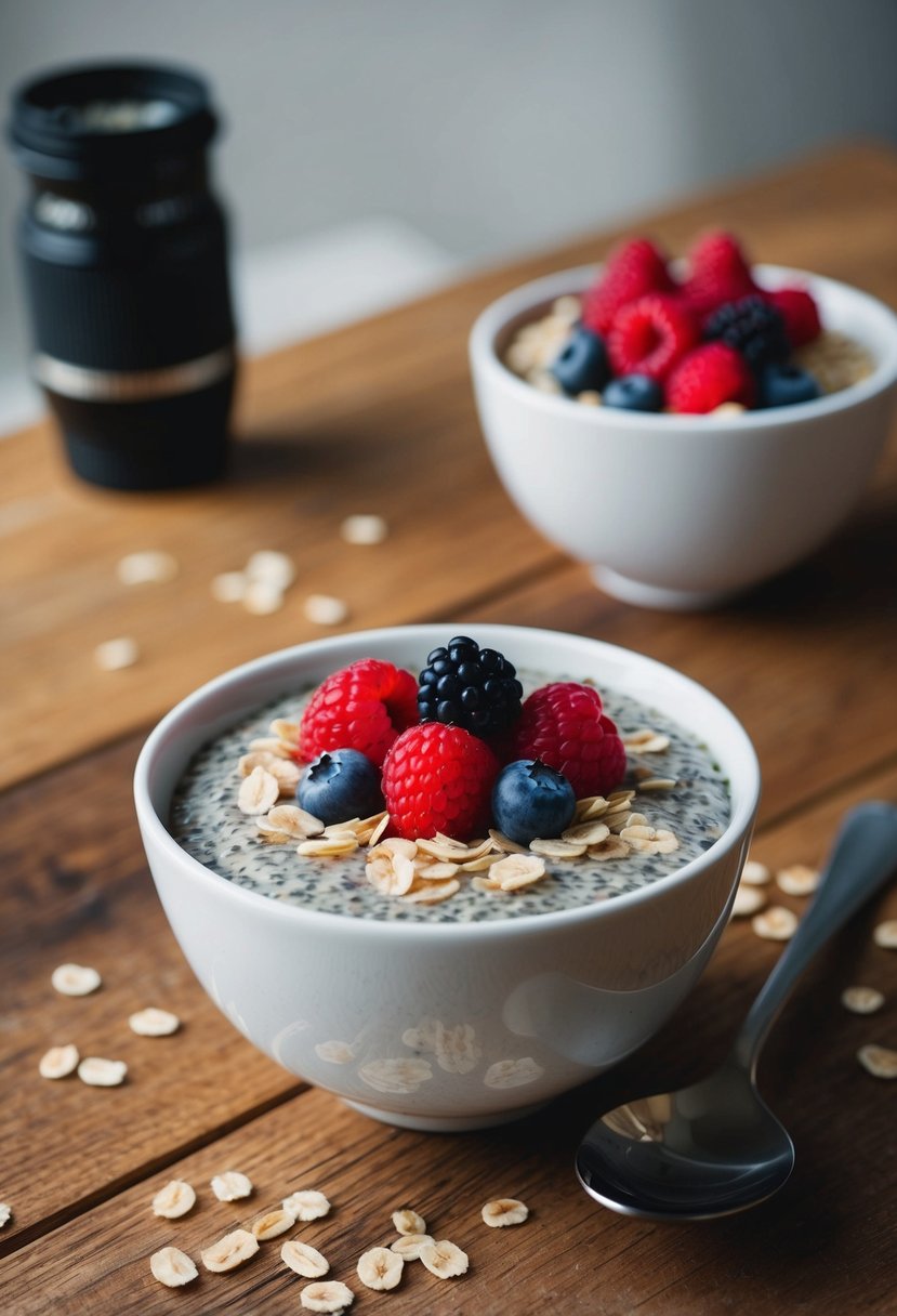 A bowl of chia seed pudding topped with oats and fresh berries on a wooden table