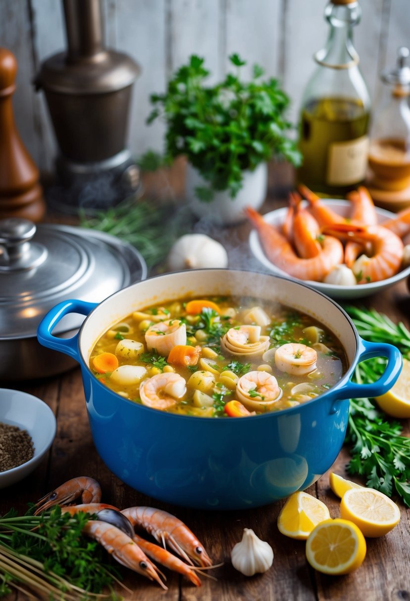 A rustic kitchen with a bubbling pot of Cacciucco stew, surrounded by fresh seafood, herbs, and vegetables