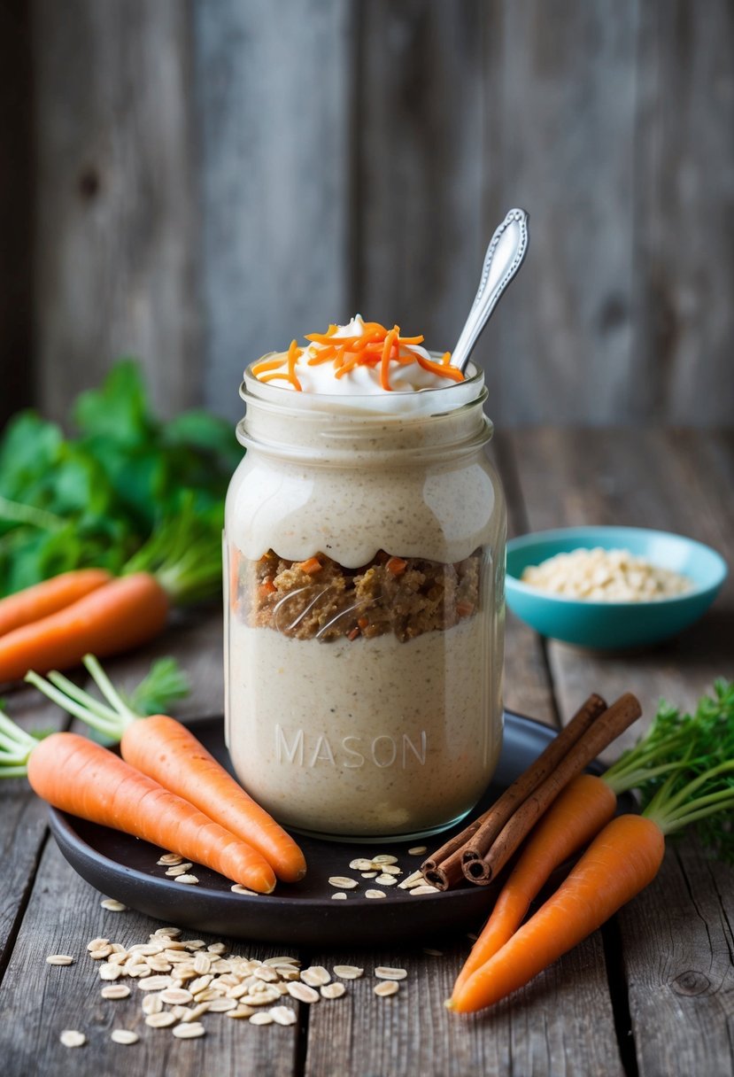 A mason jar filled with creamy carrot cake overnight oats sits on a rustic wooden table, surrounded by fresh carrots, cinnamon sticks, and a sprinkle of oats