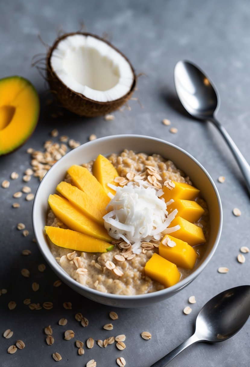 A bowl of oatmeal topped with fresh coconut and mango slices, surrounded by scattered oats and a spoon