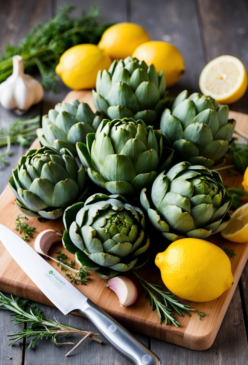 A pile of fresh artichokes on a wooden cutting board, surrounded by herbs, garlic, and lemons. A chef's knife lies next to the artichokes