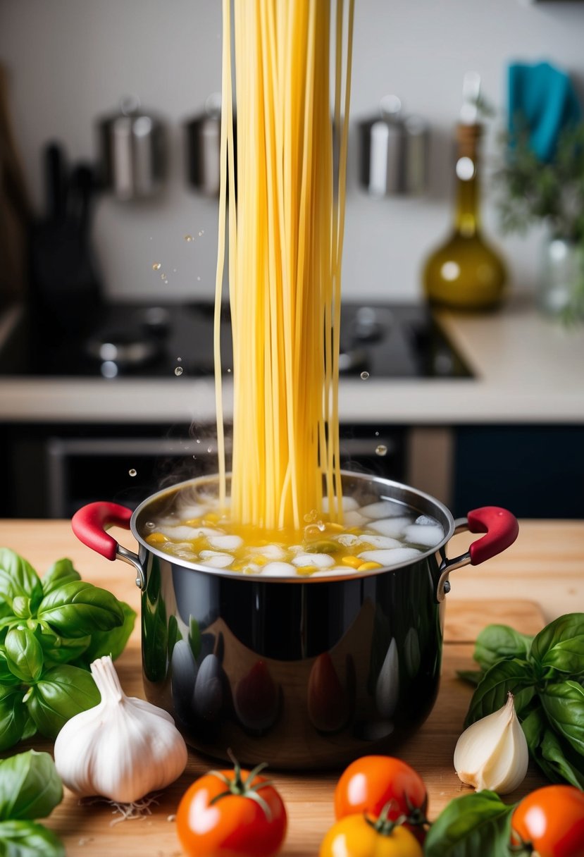 A pot of boiling water with spaghetti inside, surrounded by various ingredients like tomatoes, garlic, basil, and olive oil on a kitchen counter