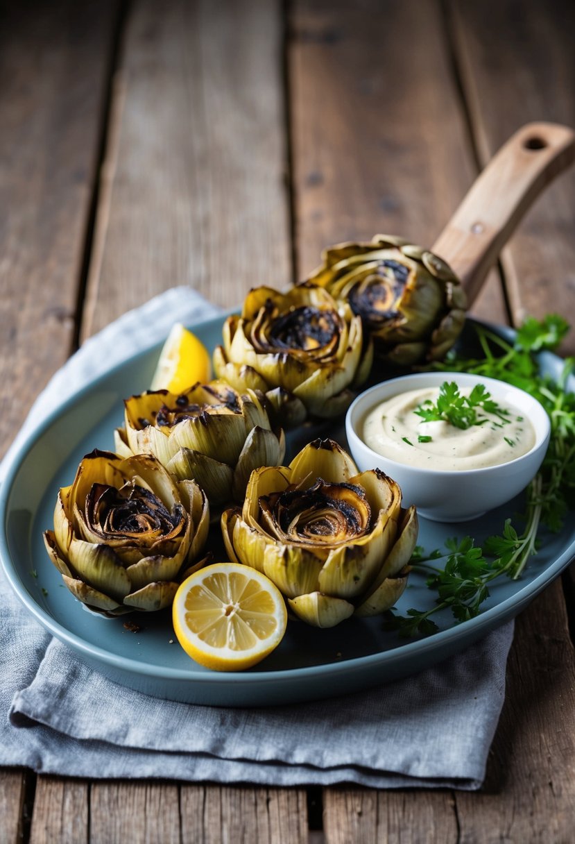 A platter of grilled artichokes with a side of lemon aioli, garnished with fresh herbs, on a rustic wooden table