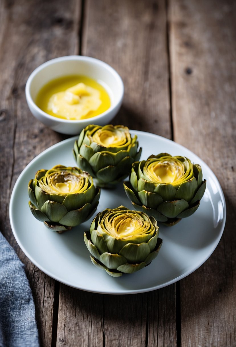 A plate of steamed artichokes sits on a rustic wooden table, accompanied by a small bowl of melted garlic butter