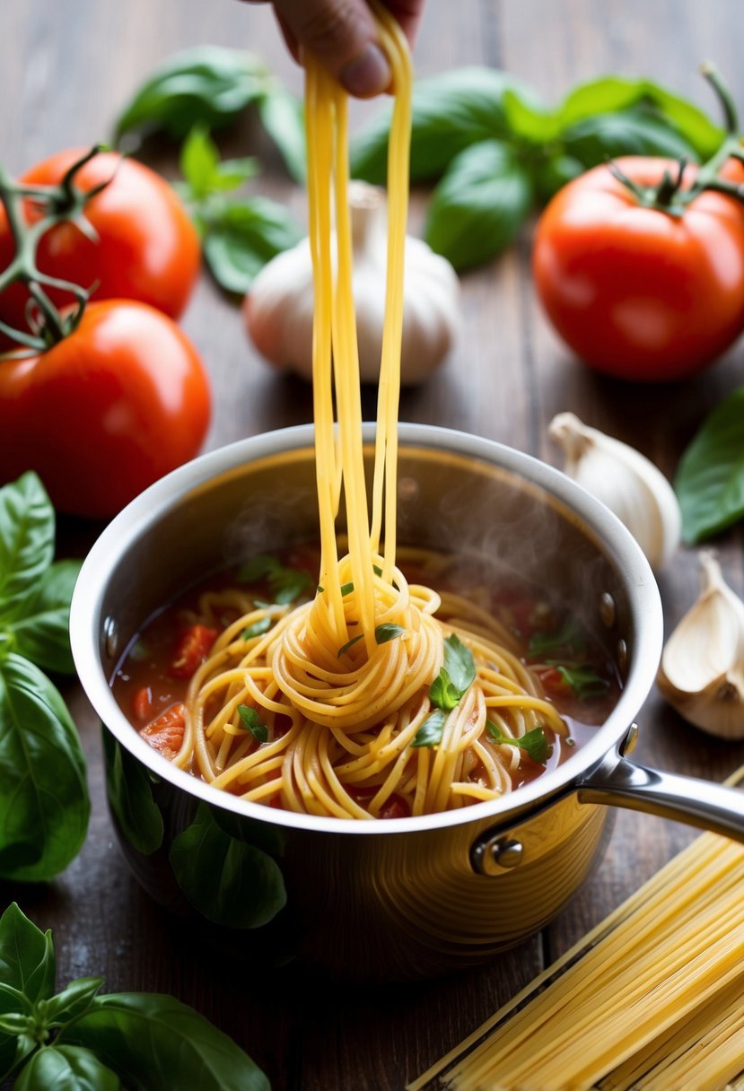 A pot of boiling spaghetti surrounded by fresh tomatoes, basil, and garlic