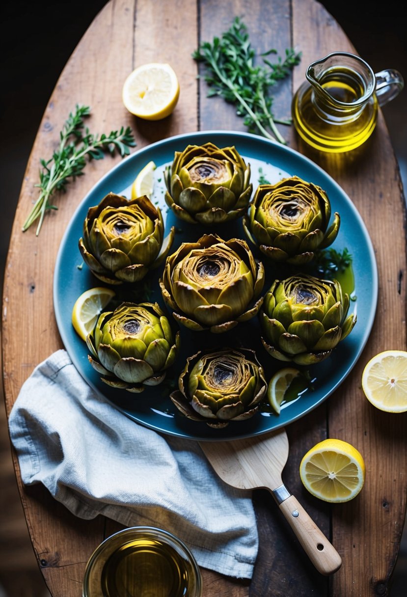 A rustic wooden table with a platter of roasted artichokes, surrounded by fresh herbs, olive oil, and lemon wedges