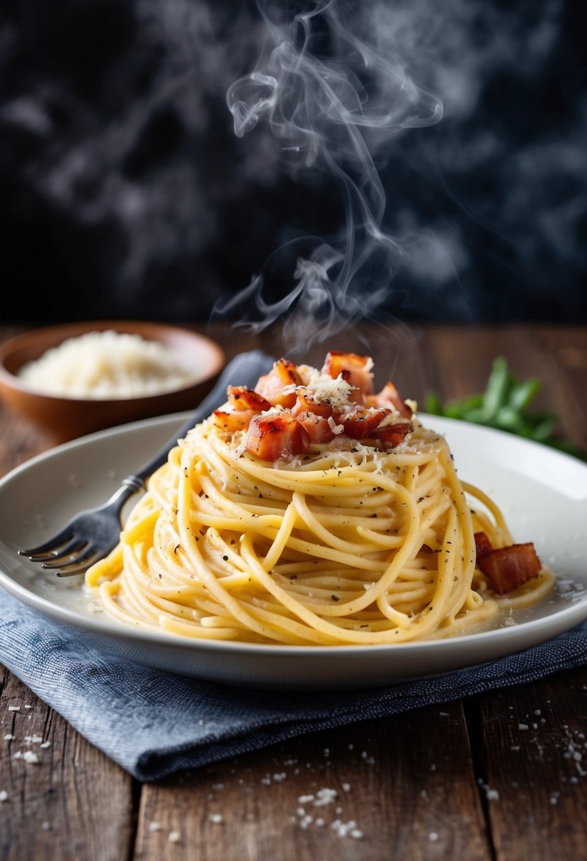 A steaming plate of Spaghetti Carbonara with crispy pancetta and creamy sauce, garnished with freshly grated Parmesan and cracked black pepper