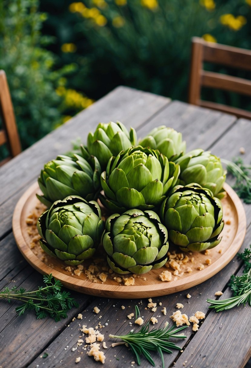 A wooden table set with a platter of whole artichokes, surrounded by scattered herbs and bread crumbs