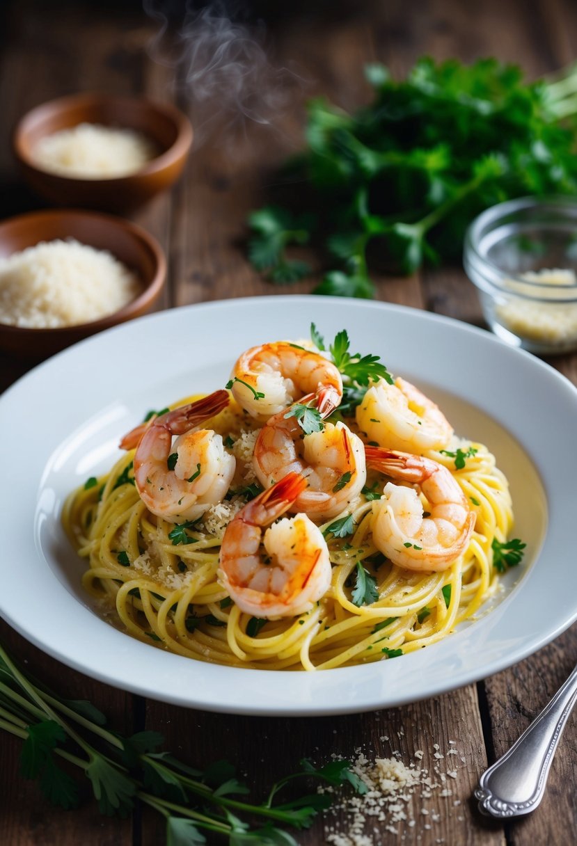 A steaming plate of garlic butter shrimp spaghetti with fresh herbs and a sprinkle of parmesan cheese on a rustic wooden table