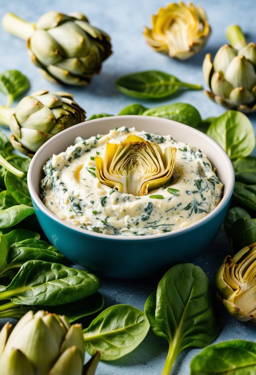 A bowl of creamy artichoke and spinach dip surrounded by fresh artichokes and spinach leaves