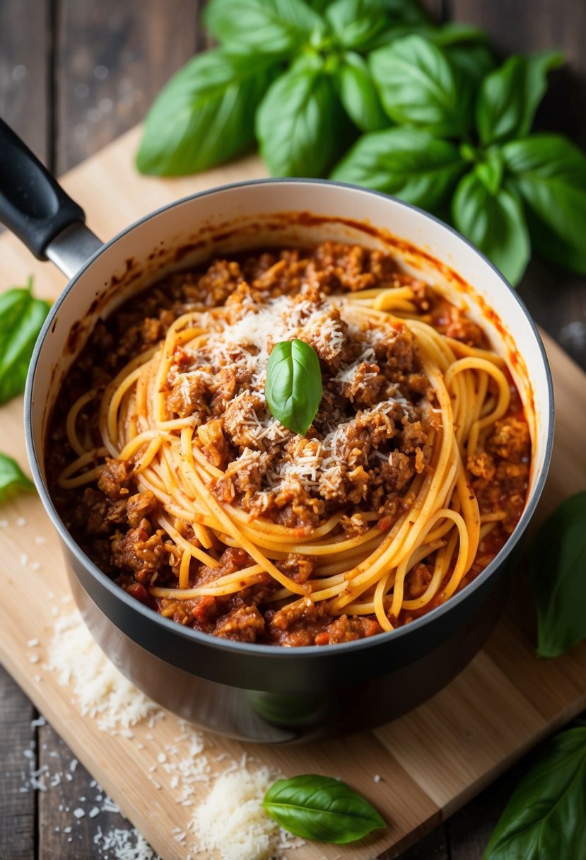 A bubbling pot of spaghetti in a rich meat sauce, surrounded by fresh basil and grated parmesan cheese