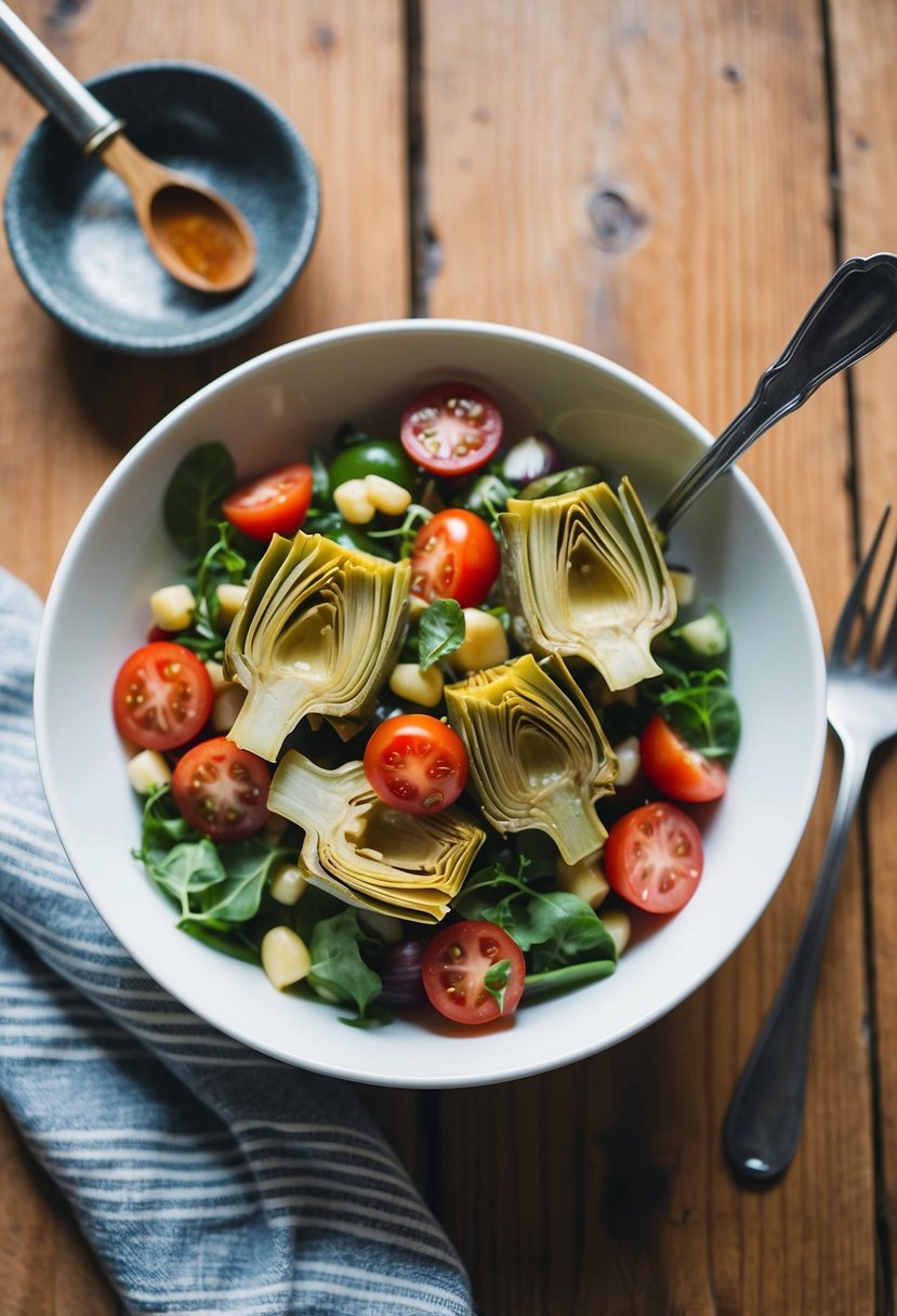 A bowl of artichoke heart and tomato salad with fresh ingredients on a wooden table