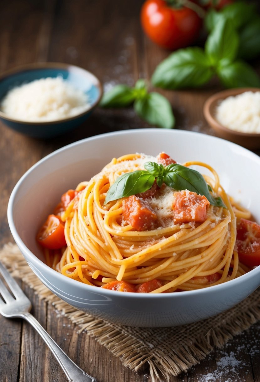 A steaming bowl of creamy tomato and basil spaghetti sits on a rustic wooden table, garnished with fresh basil leaves and grated parmesan cheese