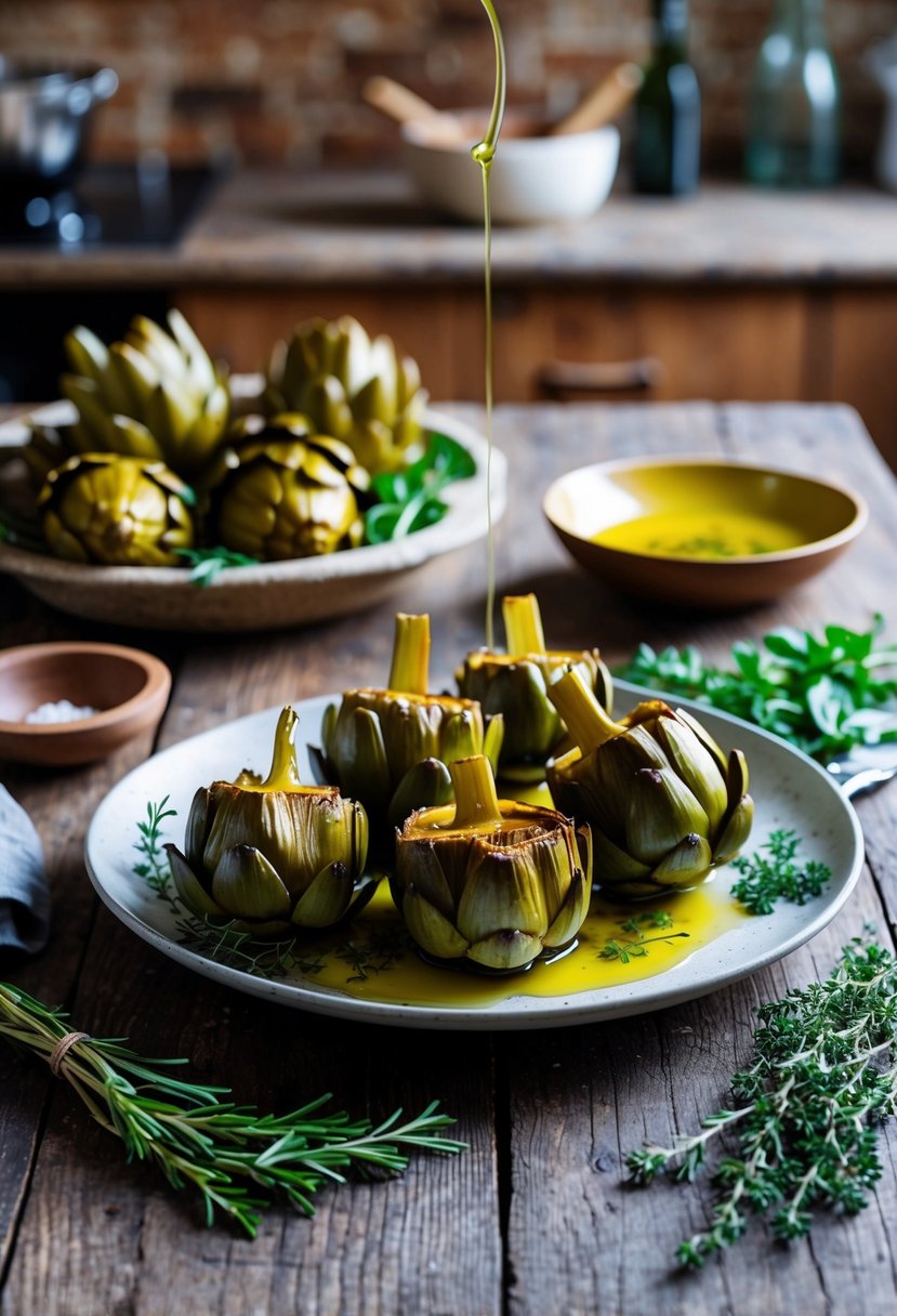 A rustic kitchen table with a platter of braised Roman-style artichokes, surrounded by fresh herbs and a drizzle of olive oil