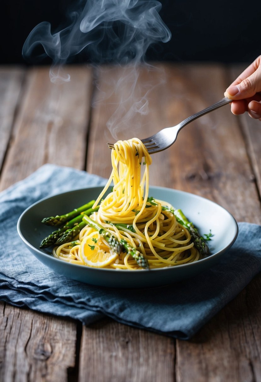 A steaming plate of lemon and asparagus spaghetti on a rustic wooden table. A fork twirls the noodles, releasing a burst of citrus and herb aroma