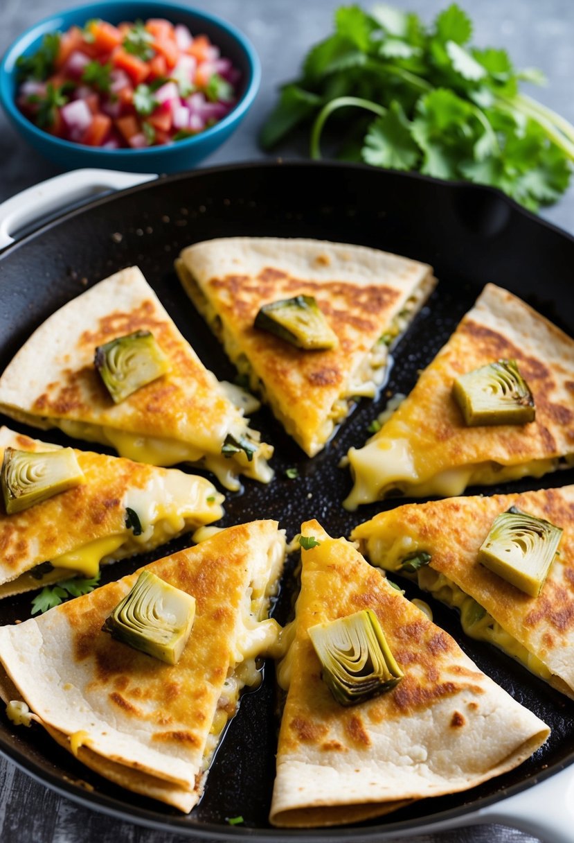 A sizzling skillet with golden-brown quesadillas oozing with melted cheese and chunks of artichoke, surrounded by colorful salsa and fresh cilantro