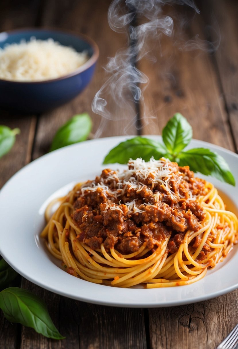 A steaming plate of spaghetti Bolognese with rich, savory sauce and grated cheese, garnished with fresh basil leaves on a rustic wooden table